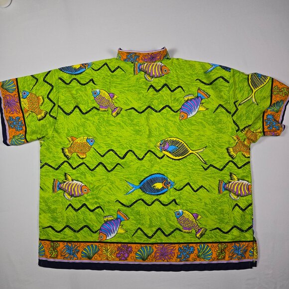 Rima International Fish Print Hawaiian Shirt 2XL Green Short Sleeve‎ Beachwear - Picture 5 of 12